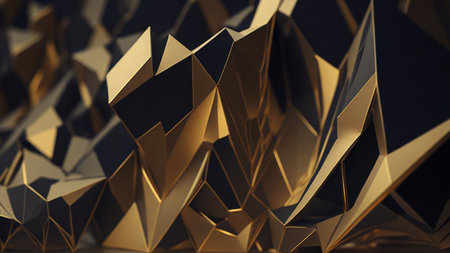 chaotic polygonal shapes. Futuristic low poly background with golden elements.の素材