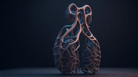 Human heart anatomy on dark background. 3D rendering medical illustration.の素材