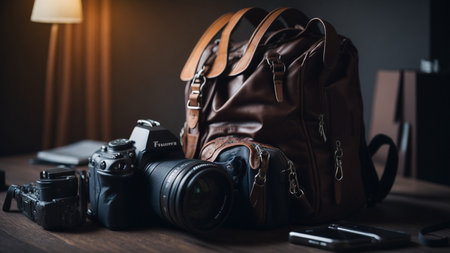 Photographer equipment on wooden desk. Vintage camera, leather bag, smartphone and notebook.の素材
