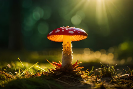 Fly agaric in the forest, closeup, macro photographyの素材