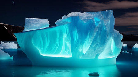 luminescent Icebergs in the water at night.の素材