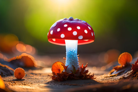 Amanita muscaria or fly agaric mushroom in autumn forestの素材