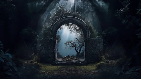 Fantasy landscape with a door and a tree in the forest.の素材