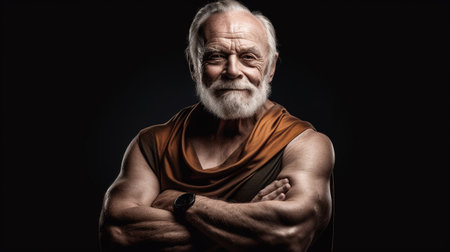 Portrait of an old man with arms crossed on a black backgroundの素材