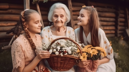 Grandmother and granddaughter are sitting in the yard and holding a basket with flowers.の素材