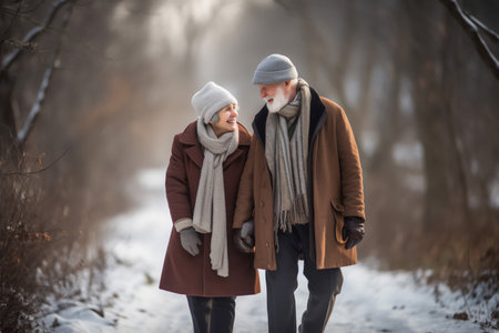 Portrait of a loving couple in a winter park. A man and a woman are walking in the park.の素材