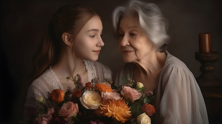 Grandmother and granddaughter with bouquet of flowers on dark background.の素材