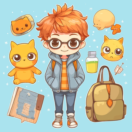 Cute little boy with a backpack and books. Vector illustration.のイラスト素材