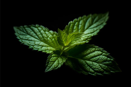 Fresh mint leaves isolated on black background. Mint leaves close up.の素材