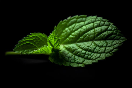 Fresh mint leaf isolated on black background. Mint leaves closeup.の素材