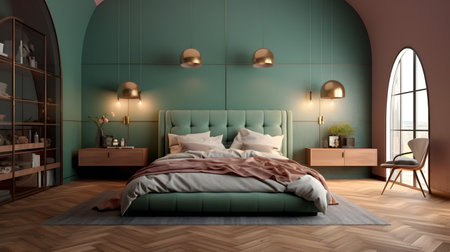 Bedroom interior. 3d illustration. Green and brown colors.の素材