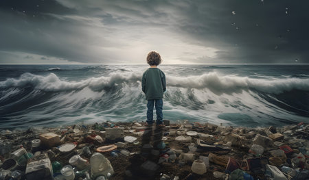Little boy standing on the sea shore and looking at a garbage dumpの素材