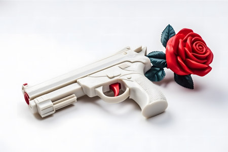 A red rose and a gun on a white background with copy spaceの素材