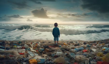 Little boy standing on the beach and looking at the sea with garbageの素材