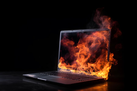 Laptop with fire on screen isolated on black background. Burned laptop.の素材