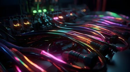 Fiber Optic cables connected to an optic ports. Computer network.の素材