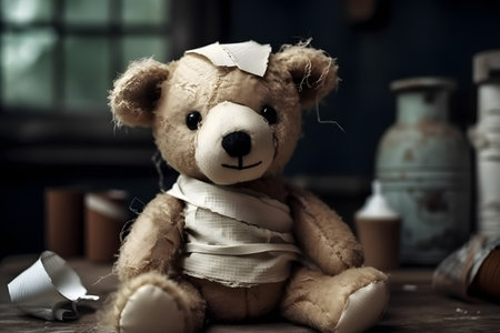 Teddy bear with bandage on his head and broken arm.の素材