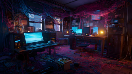 Computer room in a dark room with wires and garlandsの素材