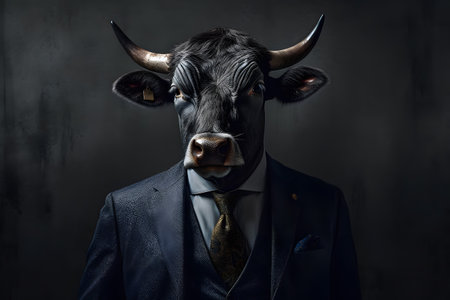 Portrait of a black bull in a suit on a dark backgroundの素材