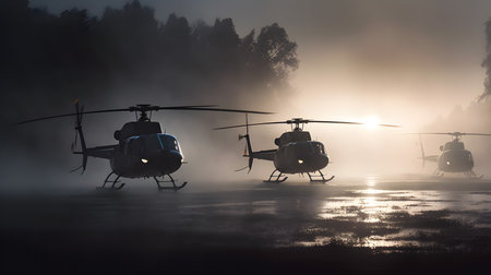 Silhouette of military helicopters in the fog at sunrise. Military rescue helicopter.の素材