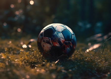 Closeup soccer ball on the grass in the backyardの素材