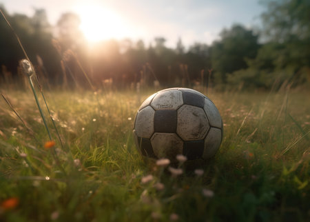 Soccer ball on the grass in the field at sunset time.の素材
