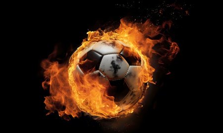 Soccer ball on fire isolated on black background.の素材