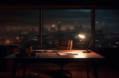 Dark office interior with city view. Night scene. 3D Renderingの素材