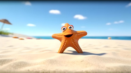 Orange starfish on the sandy beach. 3d render illustration.の素材