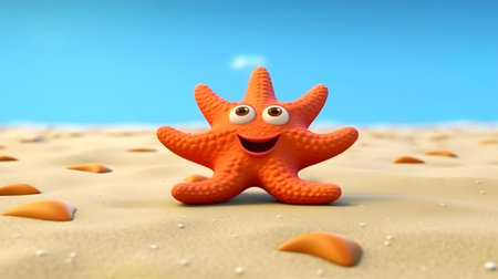 Orange starfish on the sand with blue sky backgroundの素材