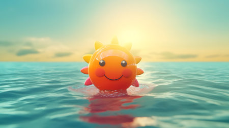 Funny sun floating in the sea.の素材