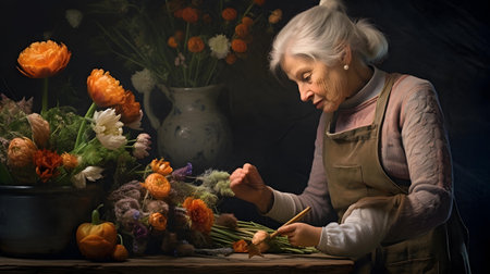 Elderly woman florist making a bouquet in her workshopの素材