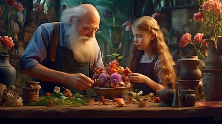 Old man and little girl with flowers in a pottery workshop.の素材