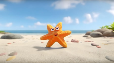 Orange starfish on the sandy beachの素材