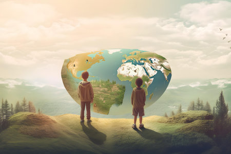 Eco world and environment concept. Earth globe in the hands of a boy.の素材