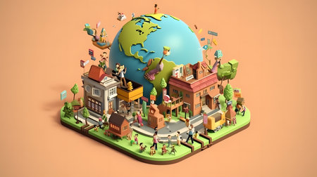 3d isometric people around the world, education and learning conceptの素材