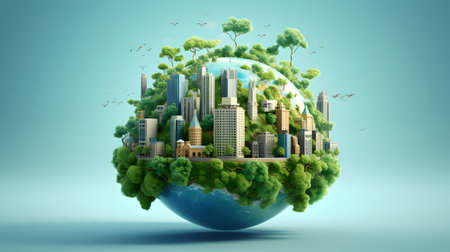 Ecology concept. Earth globe with green city. 3D renderingの素材