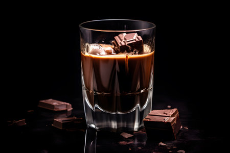 Coffee in a glass with chocolate on a black background.の素材