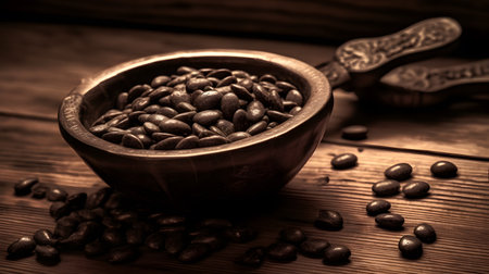 Coffee beans in a bowl on a wooden table. Selective focus. Toned.の素材