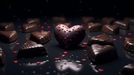 Heart shaped chocolate candies on a black background. Valentine's Day.の素材