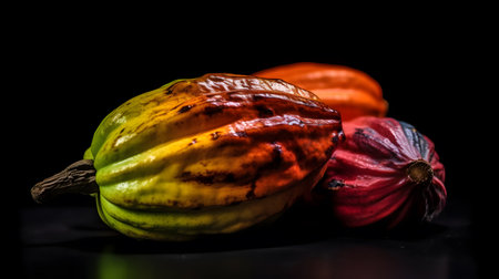 Cacao fruits on a black background. Selective focus.の素材