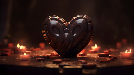 Burning candles in the shape of a heart on a dark backgroundの素材
