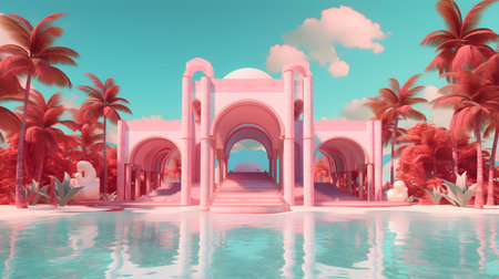 3d rendering of a tropical resort with palm trees and swimming poolの素材