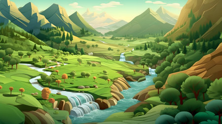 Cartoon landscape with river, mountains and forest. Vector illustration.の素材