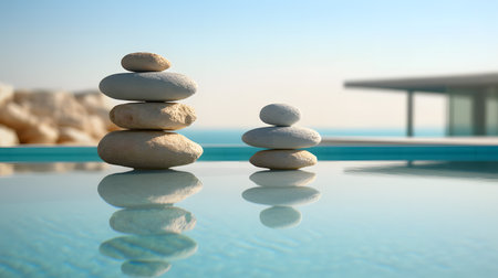 zen stones on the swimming pool with blue sky background, spa conceptの素材