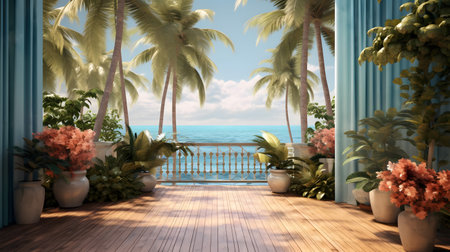 terrace with sea view and palm trees.の素材