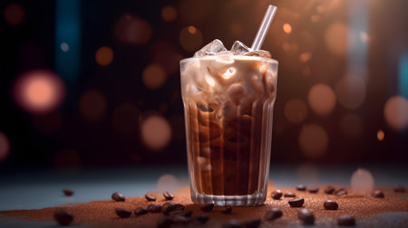 Iced coffee in a tall glass with ice cubes and straw on a dark backgroundの素材