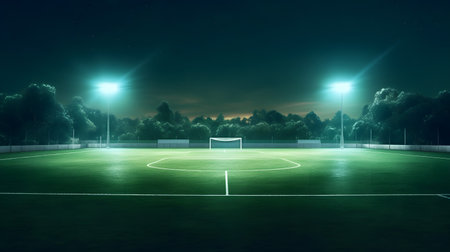 Soccer field at night with lights and spotlightsの素材