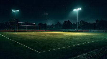 Soccer field at night with floodlights and lights in the backgroundの素材