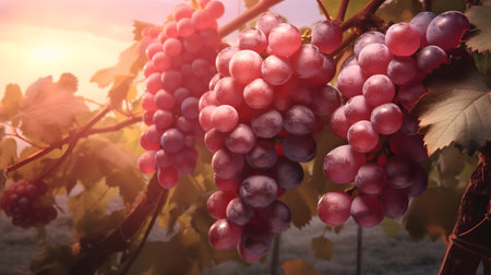 Ripe red grapes in the vineyard at sunset.の素材